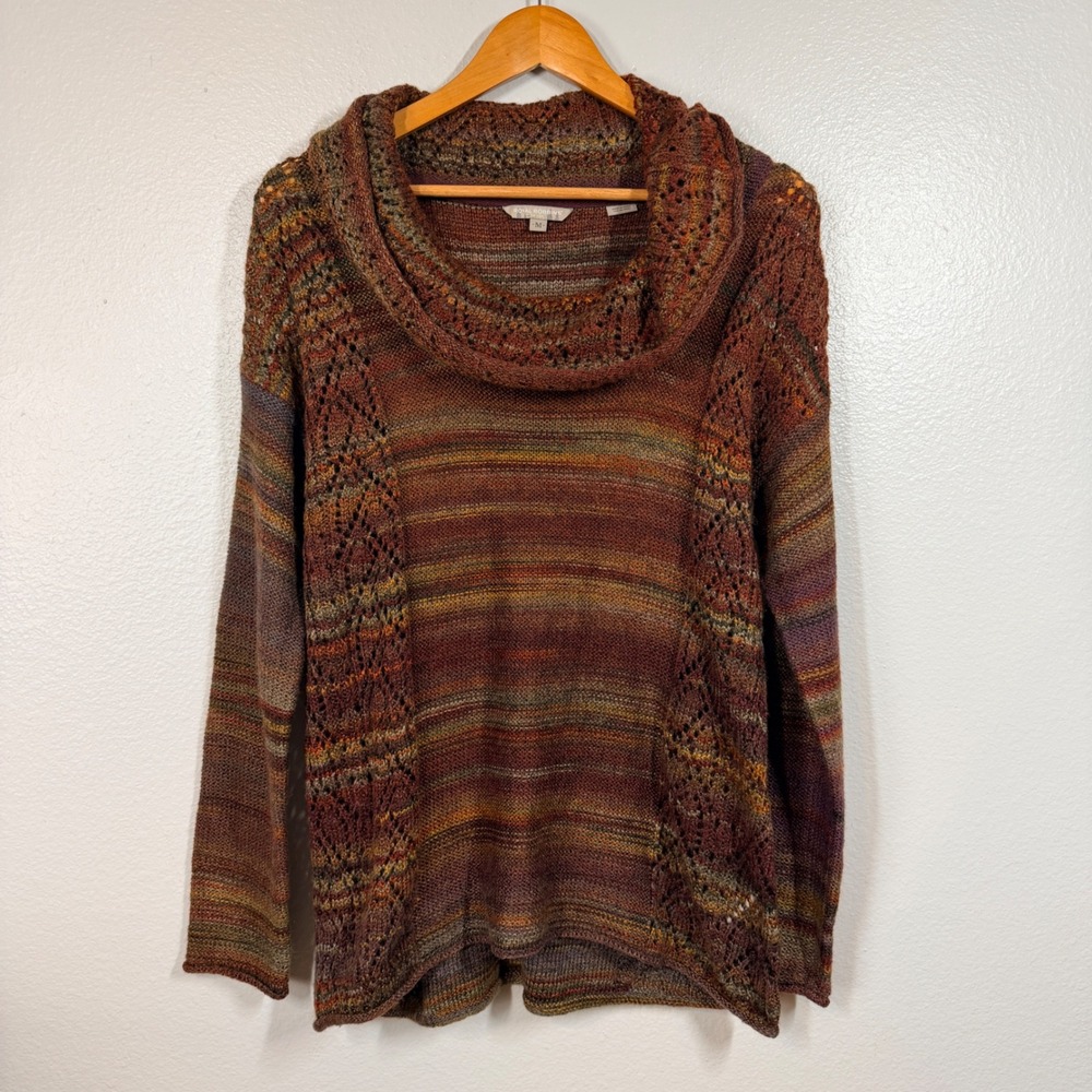 Royal Robbins Sweater Womens Medium Brown Multicolor Cowl Neck Pointelle Striped